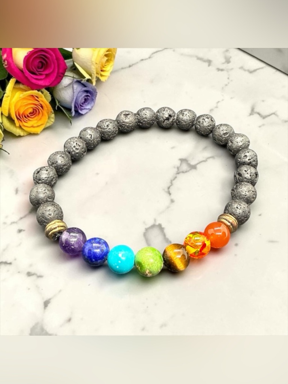 💜💙🧡💚Multicolor Chakra Lava Bead Stretch Bracelet/NWOT💜💙🧡💚
